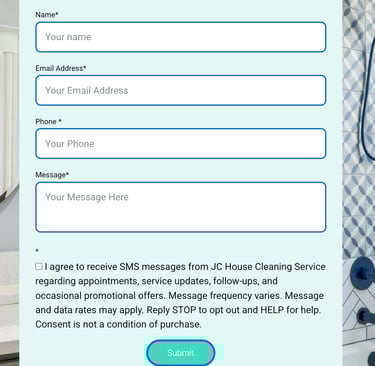 Contact us form for JC House Cleaning Service featuring fields for name, email, phone, and message.