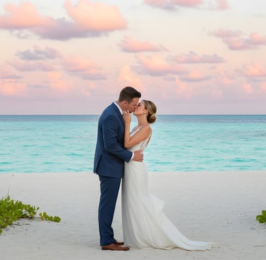Bridal hair Punta Cana beach wedding low bun hairstyle at sunset ceremony