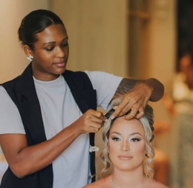 Deya Ventura creating an elegant bridal hairstyle during wedding day preparation in Punta Cana