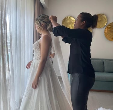 Deya Ventura preparing a bride for her wedding day with bridal hair and makeup in Punta Cana