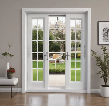 a white door with a white chair and a chair