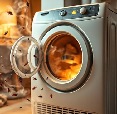 A clothes dryer with steam and heat emanating from it, surrounded by scattered bed bugs and their eggs
