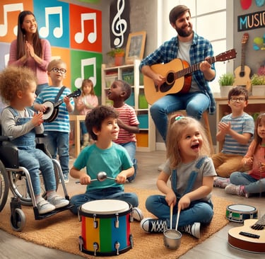 A classroom scene where children with special needs are actively engaged in music session.