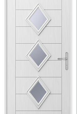 a white urban front door with diamond glass panels