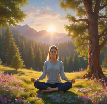 A woman sitting in a river meditating