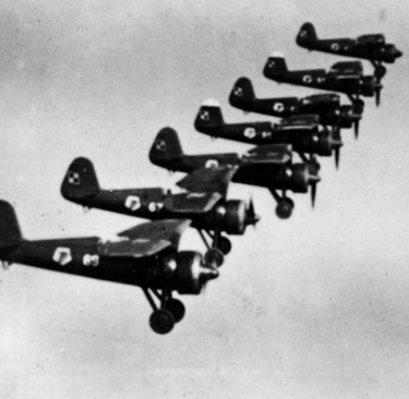 7 P11 Polish planes flying in formation, about 1936, Warsaw