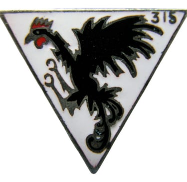 315 Polish Fighter Squadron badge, skinny black cockerel or dragon, rampant, red comb, claws raised.