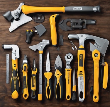clothes iron, hammer, axe, flashlight and pitcher on brown wooden table