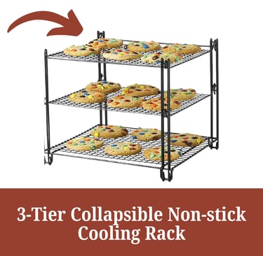 a three tiered rack with cookies and a cookie