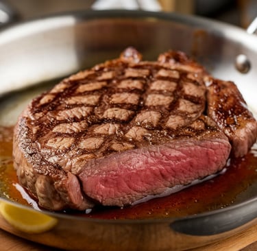 pan seared steak in a stainless-steel pan