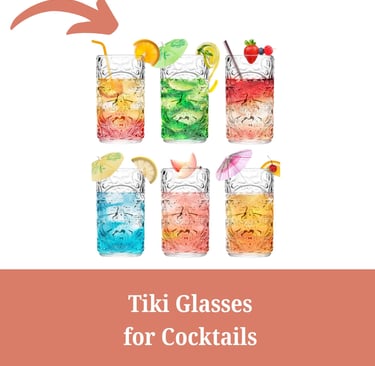 6 Tiki glasses filled with colorful drinks