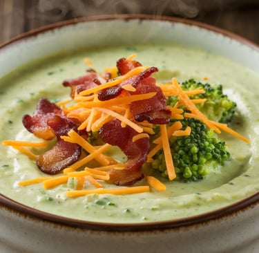 a bowl of broccoli soup with bacon and cheese