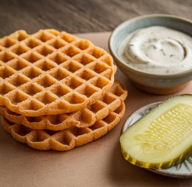 2 crispy brown thin round Chaffles with ranch dipping sauce beside it and a slice of pickle beside