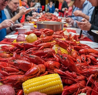 a long table piled high with perfectly boiled crawfish, corn, potatoes, and sausage, all spiced to