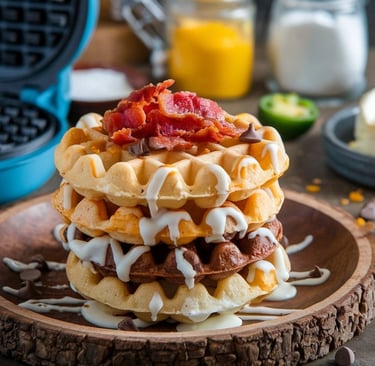 a stack of chaffles with bacon