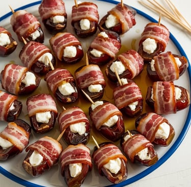 a plate of bacon wrapped dates in bacon wrapped in bacon wrapped in bacon