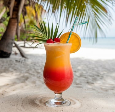 A tall hurricane glass filled with an orange-red gradient cocktail