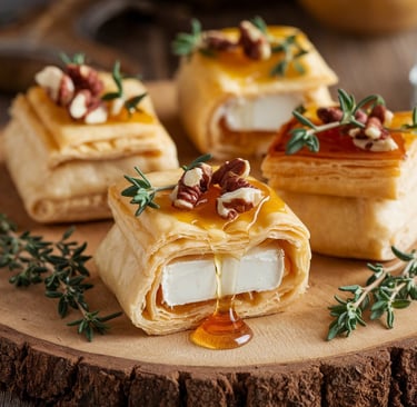 a pastry with cheesecakes and nuts on a wooden board