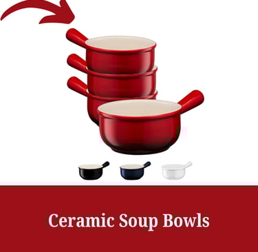 a red bowl with a bowl of soup and a bowl of soup