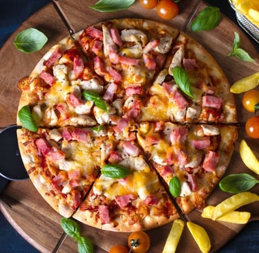 a pizza with a pizza crust and a pizza cutter