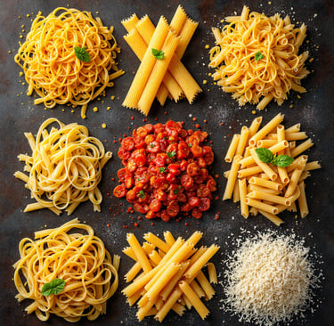 a variety of pasta with tomatoes and cheese