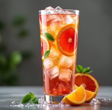 a tall glass of Fruity Hibiscus Iced Tea with ice cubes and orange slices