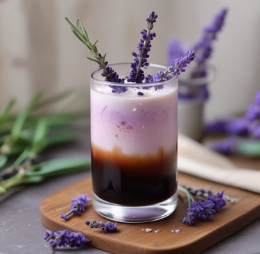 A sophisticated glass of dark cold brew topped with pale purple lavender-infused cold foam. Garnishe