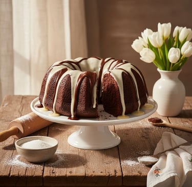 a bundt cake with white icing and chocolate icing