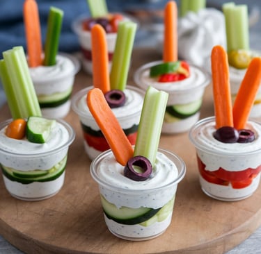 a tray of food with carrots and dips