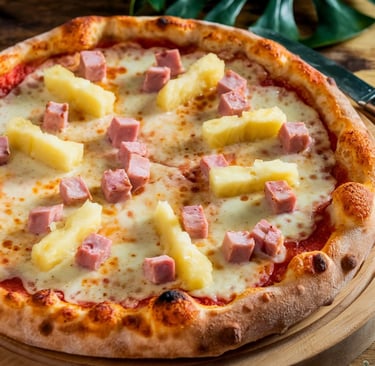 Hawaiian Pizza showing a harmonious blend of diced ham and golden pineapple chunks