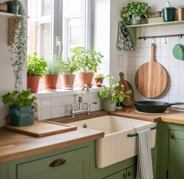 a kitchen with a sink and a potted plant