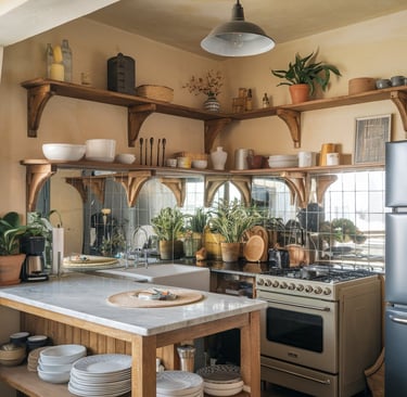 a kitchen with a stove top and a refrigerator