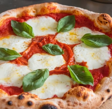 A freshly baked Margherita pizza with a golden crust, vibrant red tomato sauce, melted fresh cheese