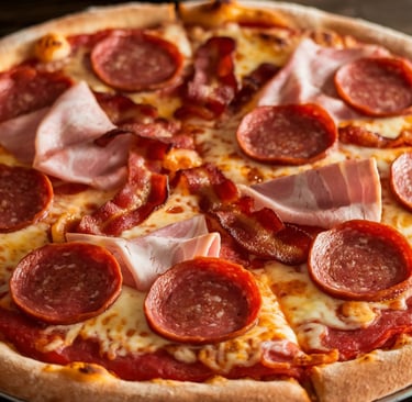 A piping hot Meat Lover's Pizza showcasing generous layers of meat