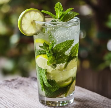 clear tall glass filled with a Mojito, showing fresh muddled mint leaves