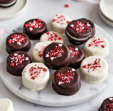 Oreo cookies coated in glossy chocolate, decorated with Valentine’s-themed sprinkles, arranged on a 