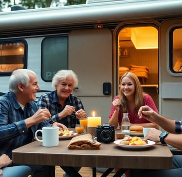 a group of people sitting around a table at a camping site with drinks and food