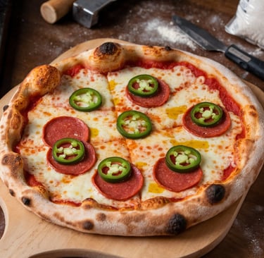  A bold Pepperoni & Jalapeño pizza with a golden-brown crust.