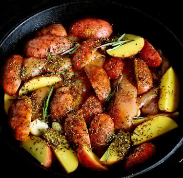 a pan with roasted red potatoes in a skillet