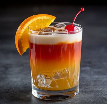 A layered Rum Punch showing gradients from red to orange, garnished with fresh orange slice