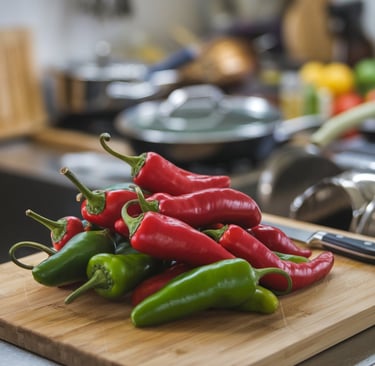 a pile of peppers on a cutting board