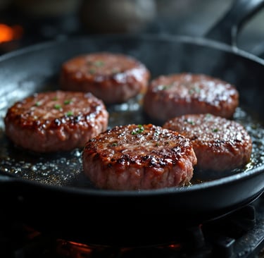 a pan of hamburger patties sizzling in a cast iron skillet
