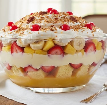 Layered fruit trifle dessert with pound cake, pudding, bananas, strawberries, and whipped cream topping.