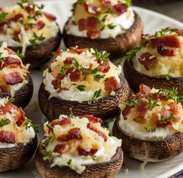 a plate of stuffed mushrooms with cheese and bacon
