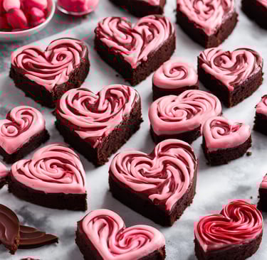 Fudgy brownies cut into perfect heart shapes, decorated with red and pink frosting swirls.