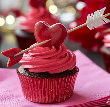Vibrant red cupcakes with a toothpick arrow piercing a candy heart, displayed on a festive pink napk