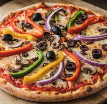 A vibrant Veggie Supreme Pizza featuring colorful bell peppers, purple onions, black olives, and mus