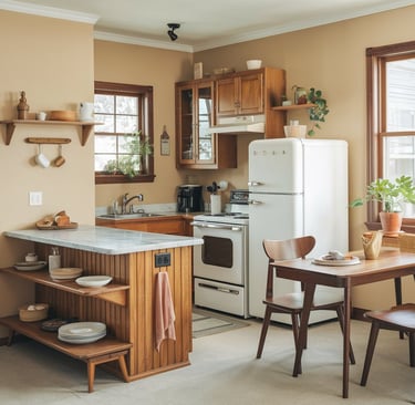 a kitchen with a table and chairs and a refrigerator