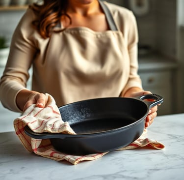 woman drying a cast iron skillet with a kitchen cloth