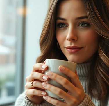 a woman in a sweater and sweater holding a cup of coffee